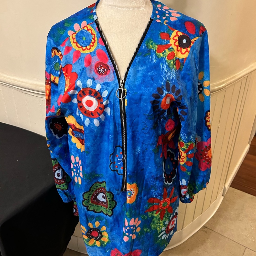 MISSLOOK Floral Zip-Up 3/4 Sleeve Blouse Size 2XL -Fits Like A 1XL/New